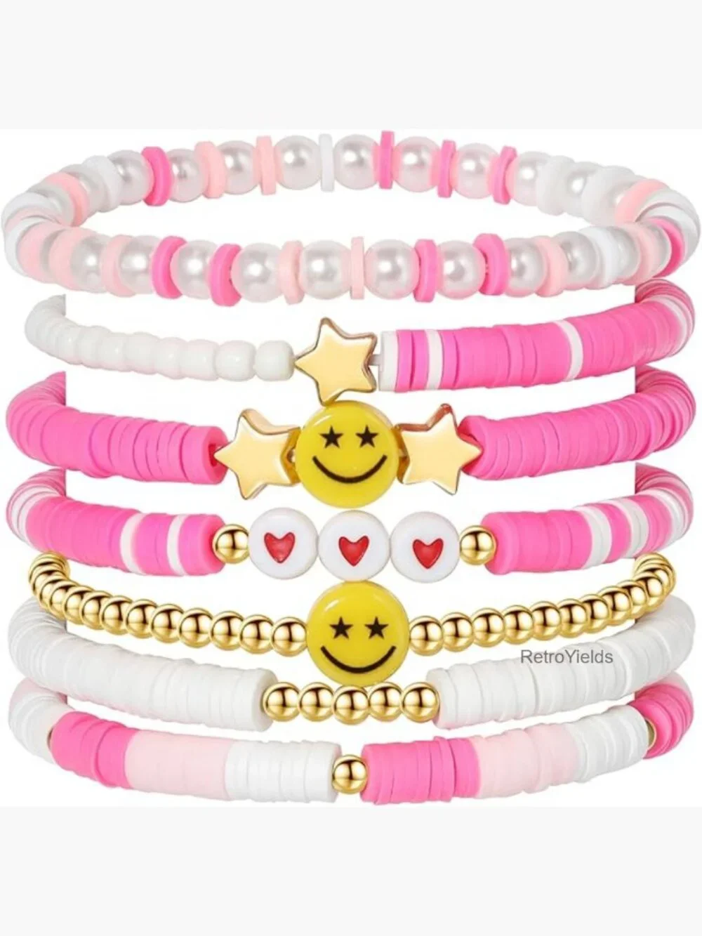 Preppy Bracelets Set - 7 Stackable Stretch Charm Bracelets Beaded Clay Star